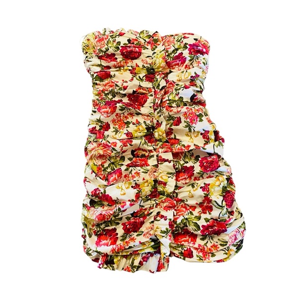 MABLE NWT Floral Ruched Asymmetrical Sweetheart Neckline Mini Dress - Picture 2 of 8